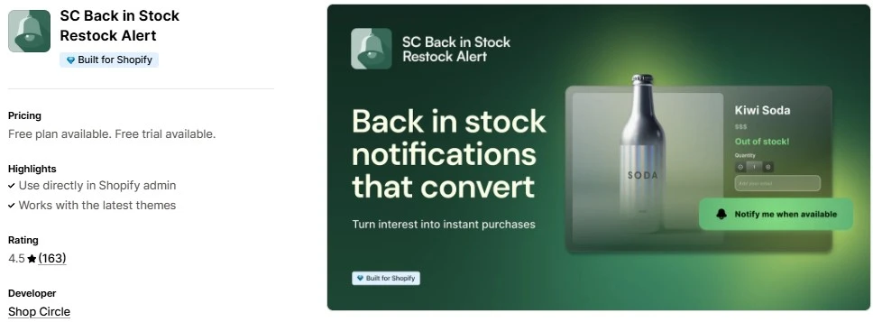 SC Back in Stock Restock Alert Shopify Restock Alert App