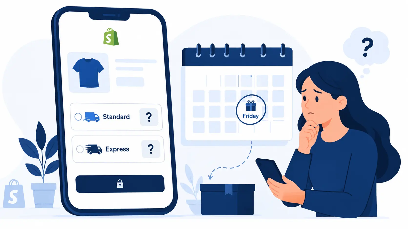 How to Show Shipping-Method-Wise ETA Messages on Shopify Plus Checkout Shopper unsure which shipping method meets her deadline at Shopify Plus checkout