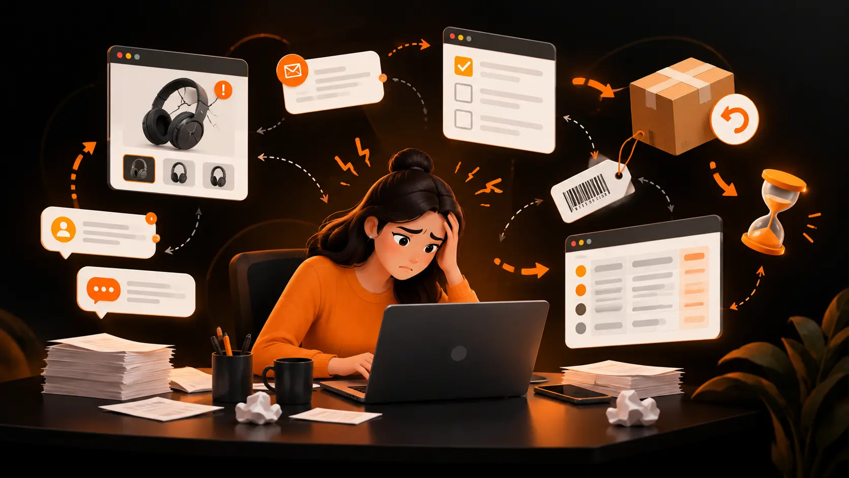 7 Best Shopify Warranty Apps Ranked by Features Shopify warranty management graphic showing customer, support agent, product, tools, and analytics