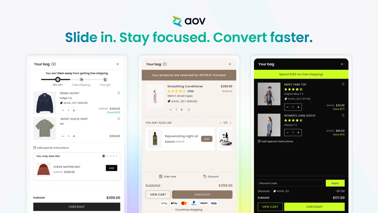 Top 5 Shopify Cart Drawer Apps: A Small Slide-Out Panel With an Outsized Effect on Your Orders AOV.ai Cart Drawer Cart Upsell